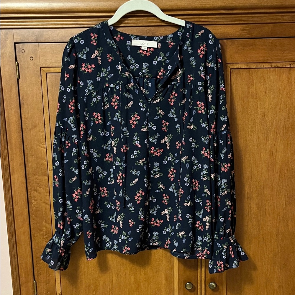 LOFT Navy Floral V-Neck Peasant Blouse